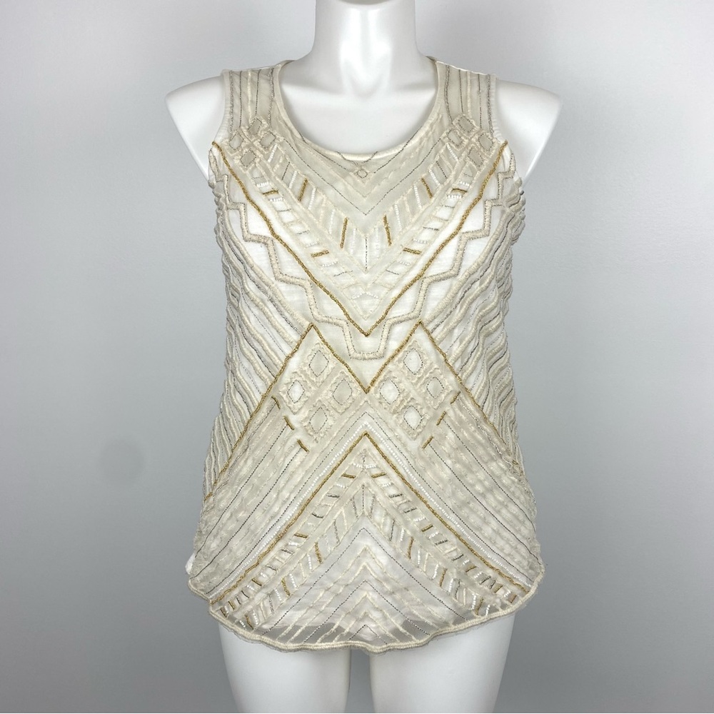 Chico’s Embellished Layered Ivory, White & Gold Geometric Print Tank Top L